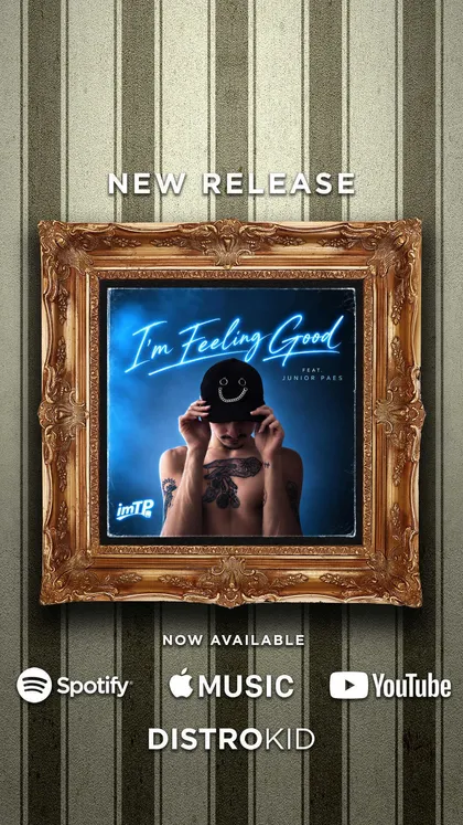 New release poster: the I'm Feeling Good cover in an ornate gold frame on striped vintage wallpaper
